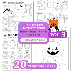 Halloween Activity Book for Kids Vol. 3 | Tracing, Mazes, Coloring & Spot the Difference | 20-Page Printable PDF | Ages 4–10