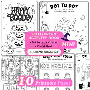 Kit d'activités d'Halloween 2 en 1 | 10 fiches d'activités à imprimer | Jeu des différences | Relier les points | Coloriage par catégorie | PDF pour enfants | 4-10 ans