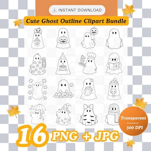 Pacote com 16 imagens de fantasmas fofos | Fantasma de Halloween em PNG | Clipart em preto e branco com contorno | PNG transparente | Download digital para impressão