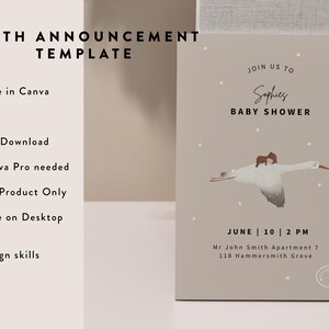 May include: A digital baby shower announcement template with a minimalist design. The invitation features a flying bird illustration, the text "Join us to Sophie's Baby Shower", and event details. The template is editable in Canva, A4 size, and available for instant download.