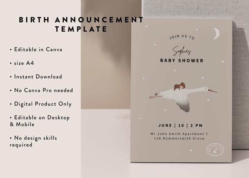 May include: A digital baby shower announcement template with a minimalist design. The invitation features a flying bird illustration, the text "Join us to Sophie's Baby Shower", and event details. The template is editable in Canva, A4 size, and available for instant download.