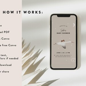 May include: A smartphone displays a baby shower invitation with a swan illustration. The invitation includes the text "Join us to Sophie's Baby Shower" and event details. The image also shows instructions: Purchase, Download PDF, Open in Canva.