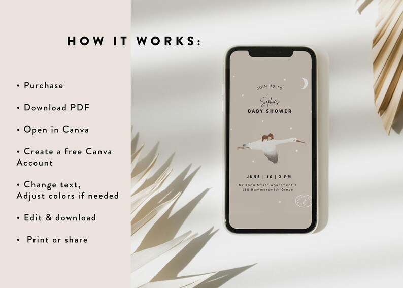 May include: A smartphone displays a baby shower invitation with a swan illustration. The invitation includes the text "Join us to Sophie's Baby Shower" and event details. The image also shows instructions: Purchase, Download PDF, Open in Canva.