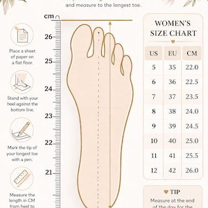 May include: A foot measurement guide in centimeters. Instructions include placing the heel against a line, marking the longest toe, and measuring the length. A women's size chart is also included, with US, EU, and CM sizes. The image also includes a tip for accurate sizing.