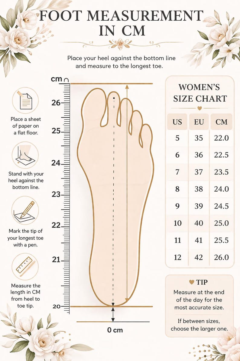 May include: A foot measurement guide in centimeters. Instructions include placing the heel against a line, marking the longest toe, and measuring the length. A women's size chart is also included, with US, EU, and CM sizes. The image also includes a tip for accurate sizing.