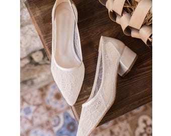Ivory Lace Bridal Shoes Low Block Heel Wedding Shoes Pointed Toe Pumps Comfortable Bride Shoes HİGH 4 CM