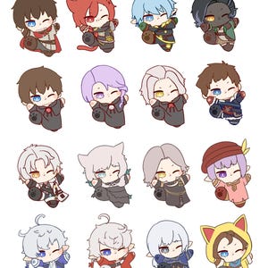 Puede incluir: Una colección de dieciséis pegatinas de personajes estilo chibi. Cada pegatina presenta un diseño de personaje único con diferentes colores de cabello, atuendos y accesorios con temas de animales, como orejas de gato y de conejo. Los personajes tienen ojos grandes y están en un estilo de dibujos animados lindo.