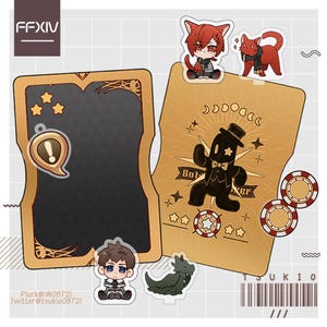 Könnte beinhalten: Eine Sammlung von Aufklebern und kartenförmigen Gegenständen zum Thema Final Fantasy XIV. Die Karten sind gold und schwarz mit Charakterillustrationen und Sternakzenten. Die Aufkleber zeigen eine rote Katze, eine schwarze Figur mit Zylinder und andere Designs.