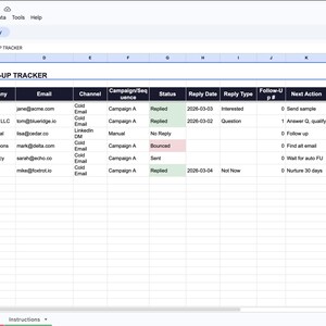 Cold Email Outreach Tracker Google Sheets, Sales Prospecting Template, DM Follow Up Log for Freelancers