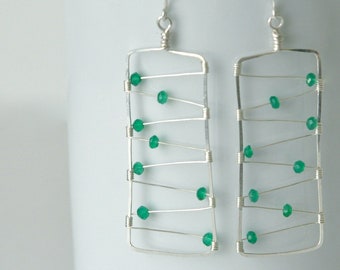 Green Onyx Earrings- Long Sterling Silver Earrings- Geometric Earrings- Mathematical Earrings- Emerald Green Gemstone Earrings- Unique