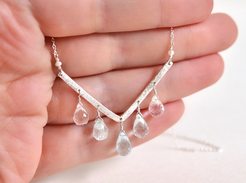 Gemstone Necklace Baby Blue Necklace March Birthstone Jewelry Aquamarine Necklace Sterling Silver Necklace Seed Pearls Chevron Necklace