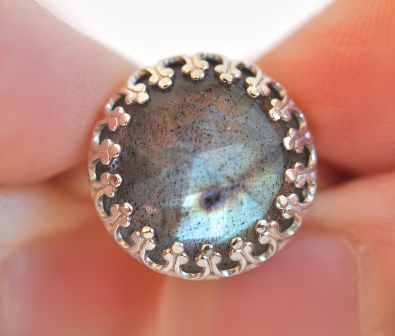 Gray Green Gemstone Ring Cocktail Ring Turquoise Teal Ring 12mm Labradorite Ring Crown Bezel Ring Blue Green Ring Sterling Silver Ring