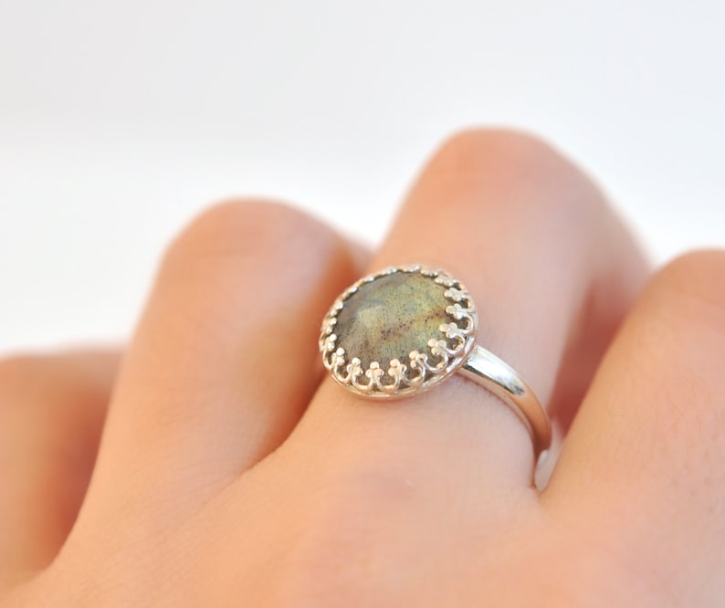 Gray Green Gemstone Ring Cocktail Ring Turquoise Teal Ring 12mm Labradorite Ring Crown Bezel Ring Blue Green Ring Sterling Silver Ring