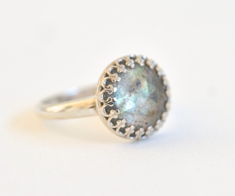 Gray Green Gemstone Ring Cocktail Ring Turquoise Teal Ring 12mm Labradorite Ring Crown Bezel Ring Blue Green Ring Sterling Silver Ring