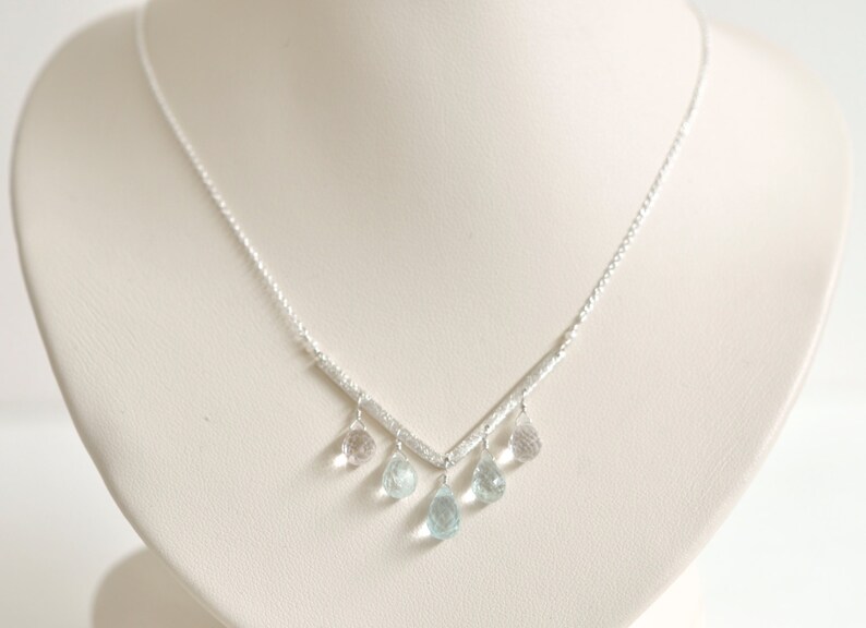 Gemstone Necklace Baby Blue Necklace March Birthstone Jewelry Aquamarine Necklace Sterling Silver Necklace Seed Pearls Chevron Necklace