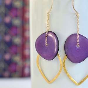 Tagua Nut Earrings- Gold Filled Chain Earrings- Purple and Gold- Tagua Earrings- Purple Earrings- Gold Vermeil Earrings- Long Earrings