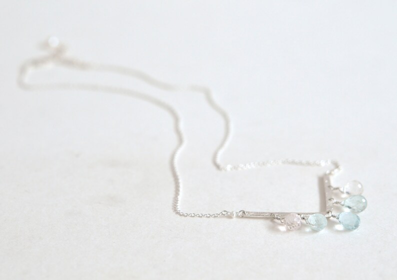 Gemstone Necklace Baby Blue Necklace March Birthstone Jewelry Aquamarine Necklace Sterling Silver Necklace Seed Pearls Chevron Necklace