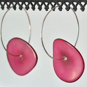 Tagua Nut Earrings - Tagua Nut Hoops- Sterling Silver Hoops- Hot Pink Earrings- Sterling Silver Hoop Earrings- Personalized Earrings- Fun!