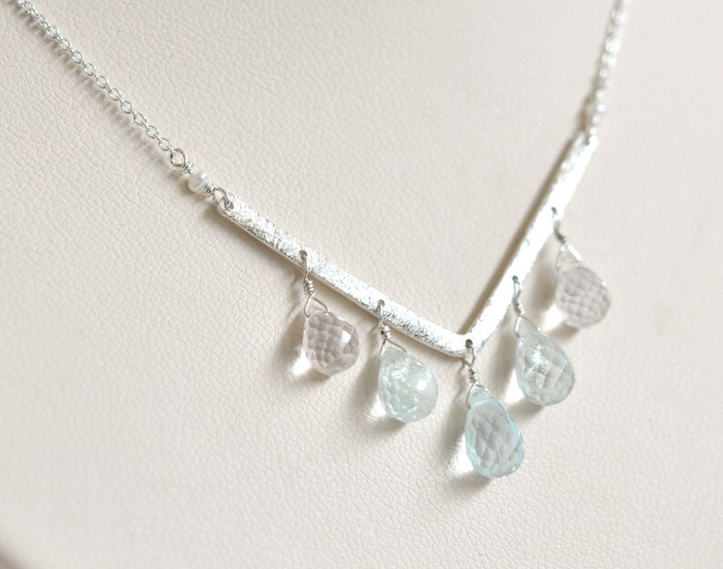 Gemstone Necklace Baby Blue Necklace March Birthstone Jewelry Aquamarine Necklace Sterling Silver Necklace Seed Pearls Chevron Necklace