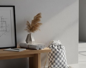 Handpainted Checkerboard Laundry Bag | Canvas Drawstring Laundry Sack
