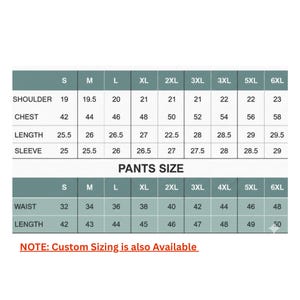 May include: Size chart for a suit, showing measurements for shoulder, chest, length, and sleeve in inches. Also includes pants size measurements for waist and length in inches. Sizes range from S to 6XL.