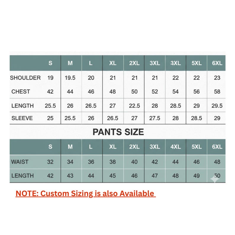 May include: Size chart for a suit, showing measurements for shoulder, chest, length, and sleeve in inches. Also includes pants size measurements for waist and length in inches. Sizes range from S to 6XL.