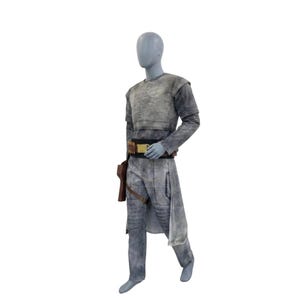 May include: A gray costume with a textured top, long sleeves, and matching pants. The outfit includes a brown belt with a gold buckle, a holster, and a long, flowing panel on the side. The mannequin is standing on a white background.