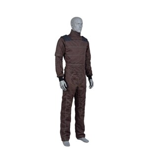 May include: Brown jumpsuit with a high collar and contrasting stitching. The one-piece garment features long sleeves, a zip-up front, and a fitted silhouette. Black cuffs and shoulder accents add detail to the workwear-inspired design.