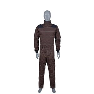 May include: A brown racing suit on a mannequin. The suit has a high collar, long sleeves, and trousers with white stitching. Black accents are on the shoulders and wrists. The suit is designed for motorsports.