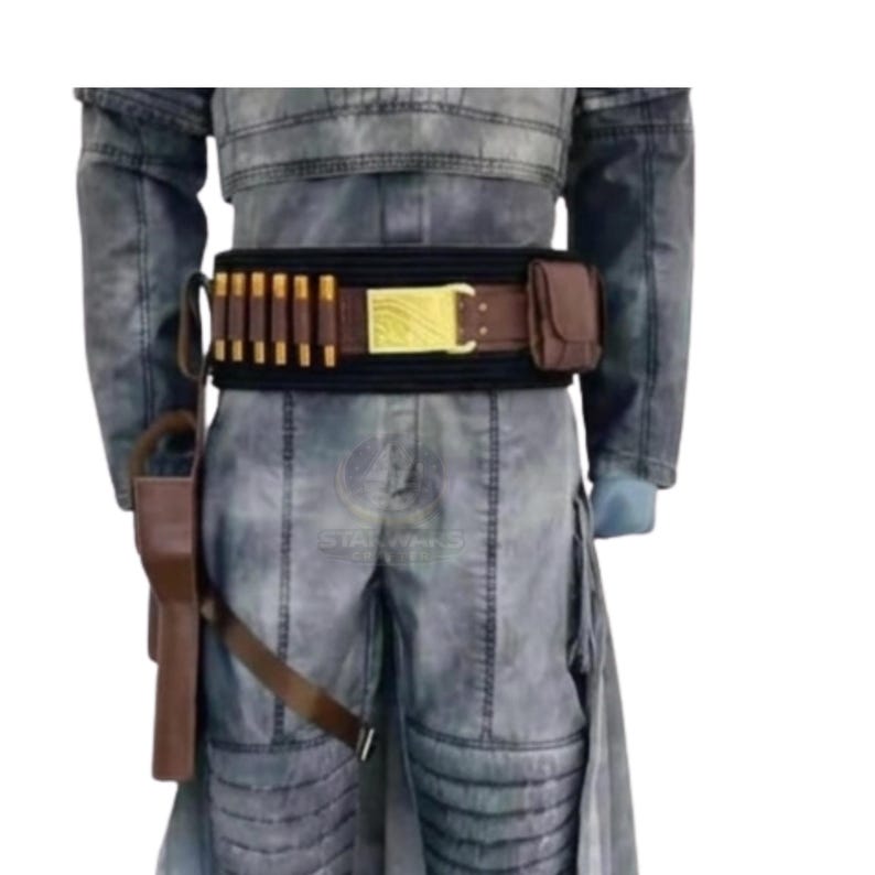 May include: A costume belt with brown pouches and a gold buckle. The belt is black with brown accents and holds several brown cylinders. A brown holster with a gun is attached to the belt.