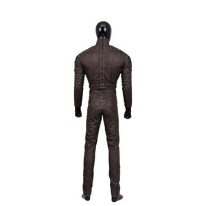 May include: A dark brown full-body jumpsuit worn by a black mannequin, featuring a high collar, long sleeves with quilted geometric patterns on the shoulders and forearms, a central vertical zipper, and visible stitching throughout the garment.