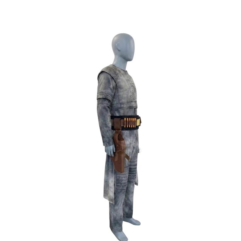 May include: A gray costume with a long-sleeved top, pants, and a long coat. The costume includes a brown belt with bullet holders and a brown holster. The mannequin is standing on a white background.