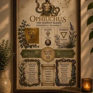Ophiuchus Sign Zodiac Poster Print, Vintage Astrology Wall Art, Ophiuchus Birthday Gift, Celestial Infographic Decor, Serpent Bearer