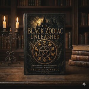 May include: A hardcover book titled "The Black Zodiac Unleashed" with gold lettering and a dark, gothic design. The cover features a pentagram and zodiac symbols. The book is on a wooden surface with lit candles and a bookshelf in the background.
