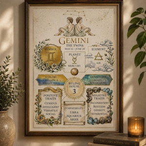 May include: A framed wall art print featuring the Gemini zodiac sign, displaying the twins, the Mercury planet symbol, air element, and lists of positive and negative traits, compatibility, ruling house, colors, and gemstones in English text.