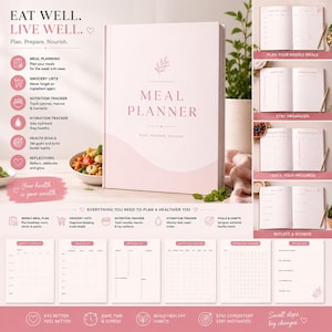 May include: A pink meal planner with the words "MEAL PLANNER" on the cover. The planner includes sections for meal planning, grocery lists, nutrition tracking, and hydration tracking. The planner is designed to help users plan and prepare healthy meals.