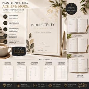 May include: A cream-colored Productivity Planner with gold accents and the text "Productivity Planner." The planner includes sections for vision and goals, monthly overviews, and daily planning. The cover features botanical illustrations.