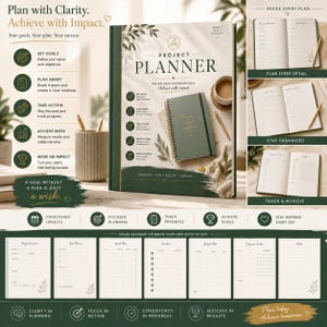 May include: A green Project Planner with gold lettering and a spiral binding. The planner includes sections for setting goals, planning, tracking progress, and achieving results. The cover reads "Plan with Clarity. Achieve with Impact."
