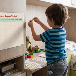 Può includere: Un tabellone delle faccende domestiche per bambini con il testo "Le mie Super Missioni" è esposto su un mobile in legno. Il tabellone presenta illustrazioni e una griglia per il monitoraggio dei compiti. Un bambino piccolo con una maglietta a righe blu e verdi è nella stanza.