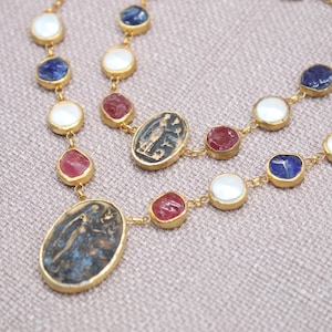 Virgin Mary Sapphire Ruby Pearl Jewelry Set Gold Plated Necklace Bracelet