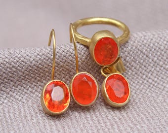 Sieradenset oranje agaat 22k verguld sterlingzilver bijpassende set oorbellen, ring en hanger