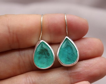 Lab Paraiba Tourmaline Earrings Sterling Silver Pear Cut Drop Dangle Earrings