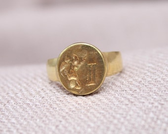Chevalière grecque antique Bague pièce de monnaie en argent sterling plaqué or 22 carats