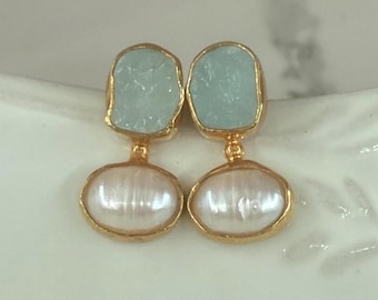 raw aquamarine and freshwater pearl handmade 925 sterling silver in 22k yellow gold plated stud earrings