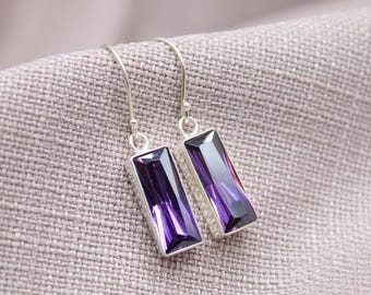 Amethyst Baguette Earrings Sterling Silver Long Purple Gemstone Drop Earrings