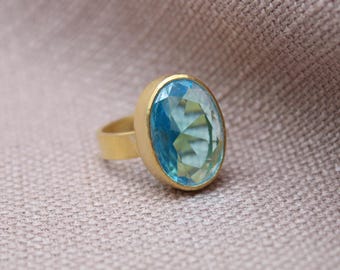 Blauwe topaas sterlingzilveren ring goud vermeil ovale edelsteenring