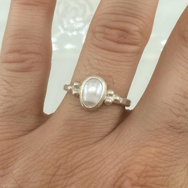 Freshwater Pearl Ring Sterling Silver Oval Pearl Handmade Minimalist Ring