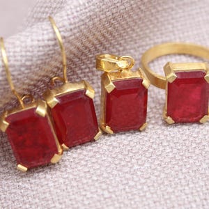 Ruby Jewelry Set Gold Plated Sterling Silver Necklace Ring Earrings