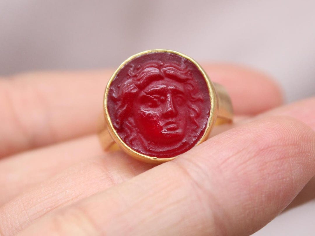 Red String Intaglio Apollo Intaglio Red Glass Ring Gold Plated Sterling Silver Ring - Etsy