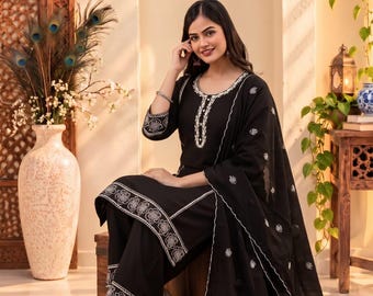Pakistani Designer Primium Embroidered Cotton Kurta Pant Set with Dupatta, Boho Ethnic Wear, Anniversary gift